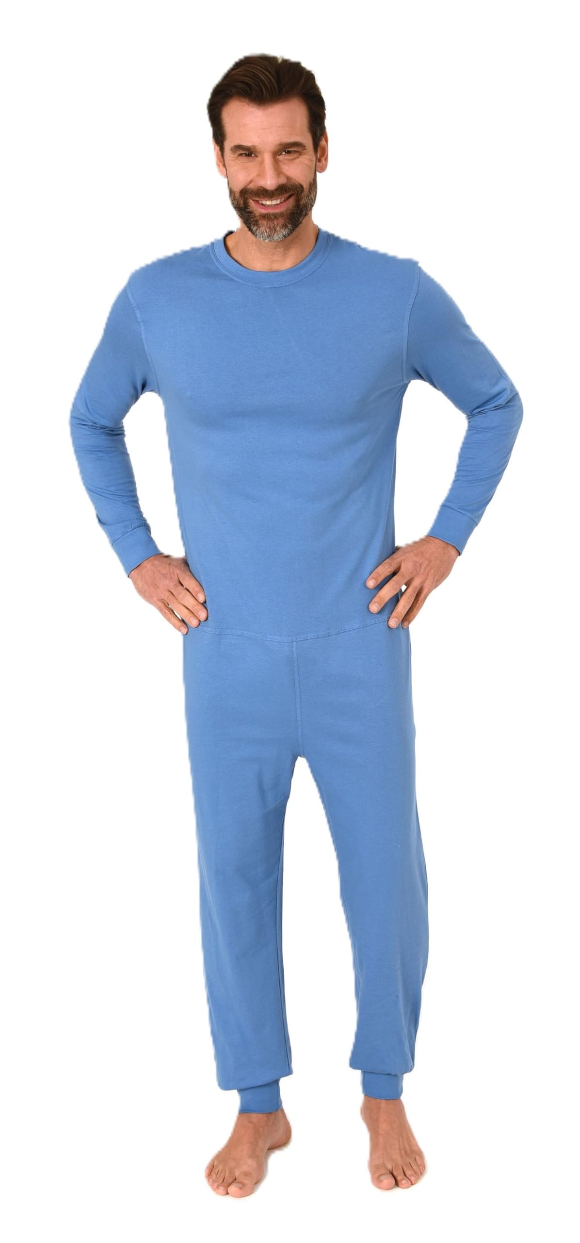 Normann Care Men's Care Overall, Long Sleeve One-Piece Pyjamas with Zip on the Back, lightblue, XS