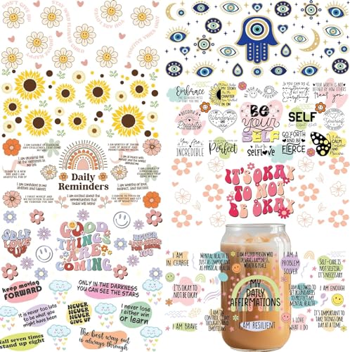UV DTF Cup Wrap Transfer for Glass 16Oz Glass Can Rub on Transfer for Crafts, Cup Decal Stickers,9 Sheets Waterproof Ready to Apply, Ready to Press Transfers for Crafting Inspirational Self Love Style
