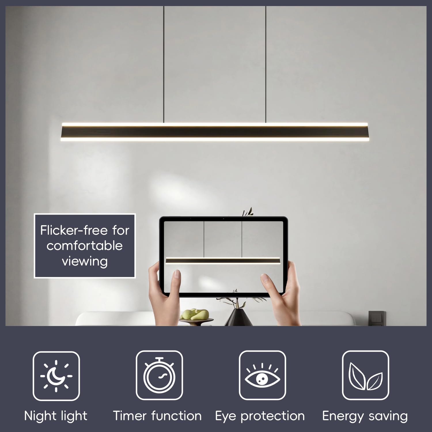 Moderne LED Pendelleuchten Esszimmer Pendelleuchte Dimmbare Büroleuchte Fernbedienung Lineare Kronleuchter Aluminium Kücheninselbeleuchtung Kreative Hängelampe für Küche Tischlampe (Schwarz, L80cm)