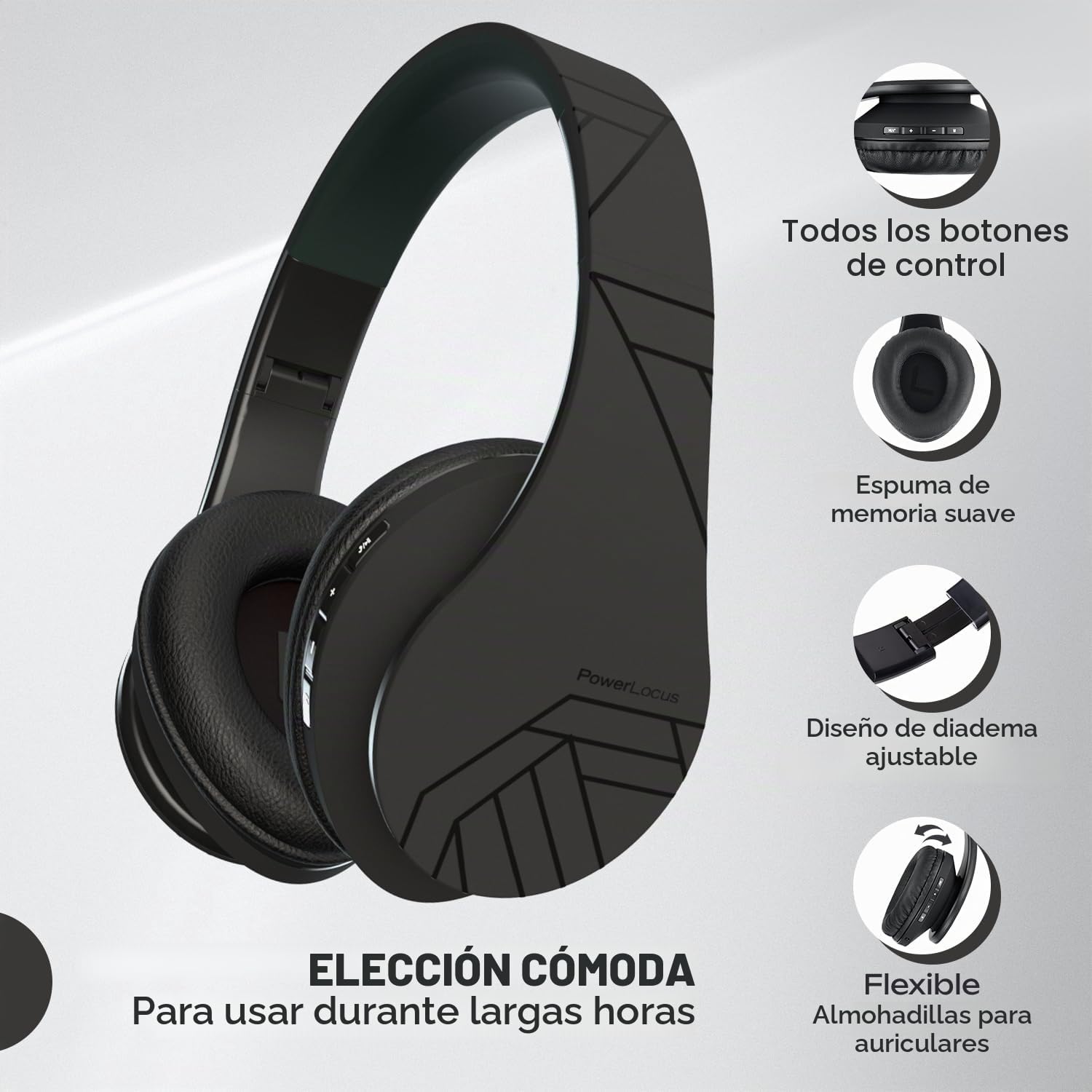 PowerLocus P2 - Auriculares Bluetooth inalambricos de Diadema Cascos Plegables, Casco Bluetooth con Sonido Estéreo Micro SD/TF, FM con micrófono y Audio Cable para Movil, PC, Tablet - Negro