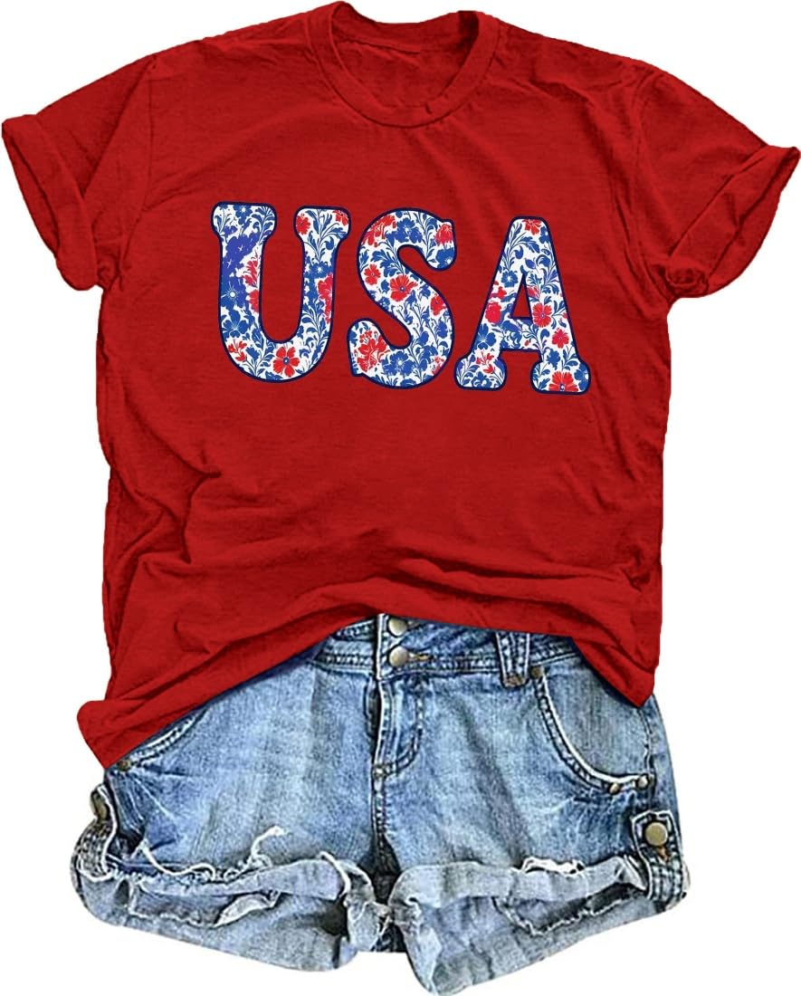 TIXOM Women's USA Floral Flowers Shirt 4th of July American Flag Graphic Tee Independence Day Summer Patriotic Tops