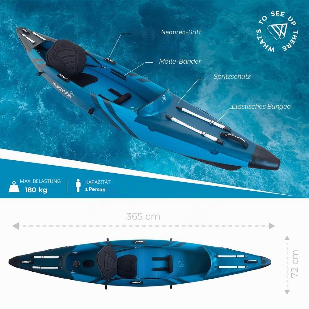 Aufblasbares Kajak Wattsup Torpedo 1-Sitzer – 365 x 72 cm (12' x 28) – Dropstitch – max. 180 kg – Komplettpaket – alle Niveaus