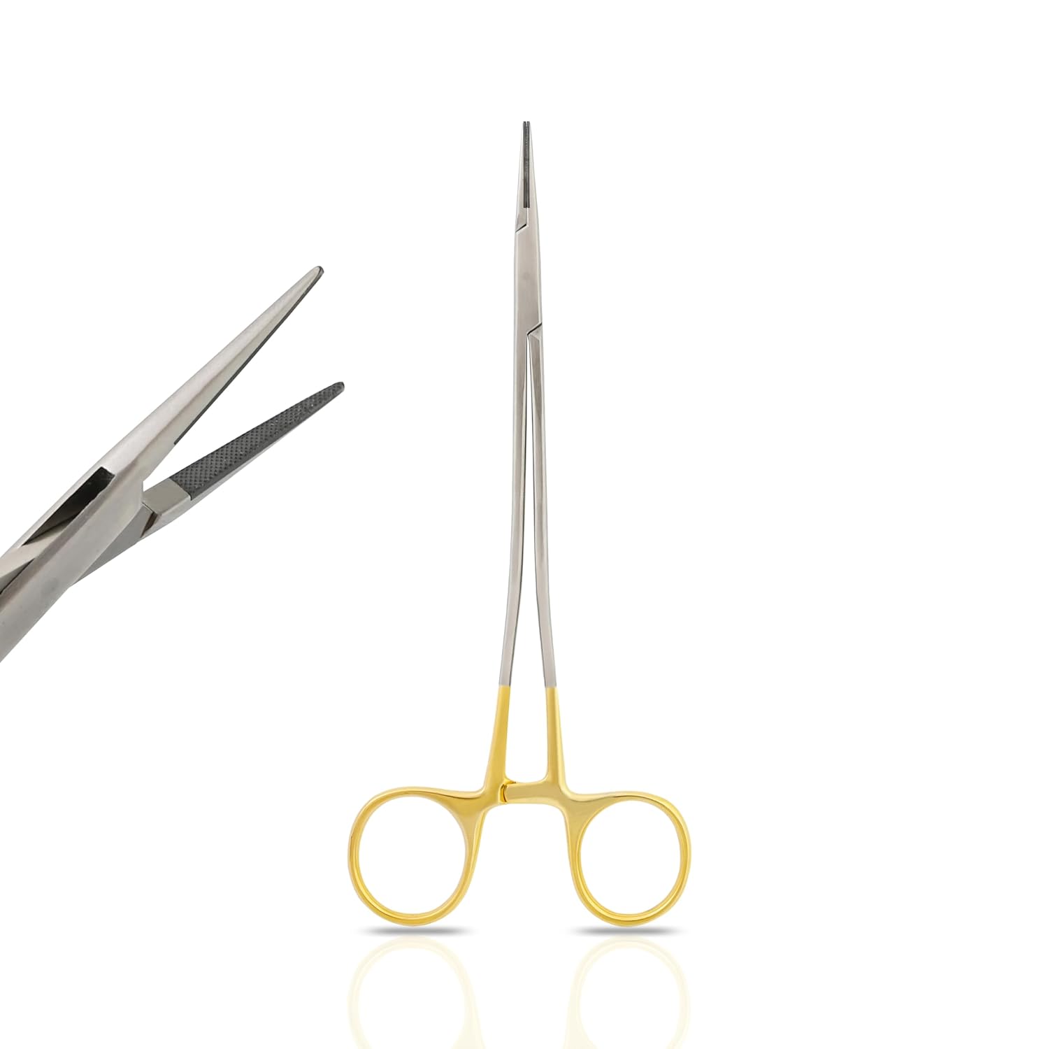 7" TC Sarot Needle Holder Driver with Tungsten Carbide Inserts Cross Serrated Jaws Straight Tip with Locking Mechanism and Gold Rings - Premium Grade Instrument