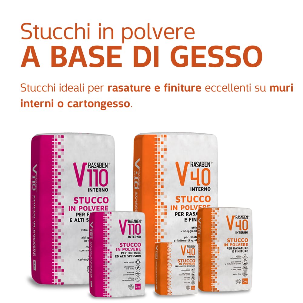 RASABEN - Mastic en poudre V110 extra blanc à base de plâtre pour finitions et épaisseurs élevées (0-5 mm), mastic fin facile à travailler et à poncer, pour murs intérieurs et cloisons sèches, sac de