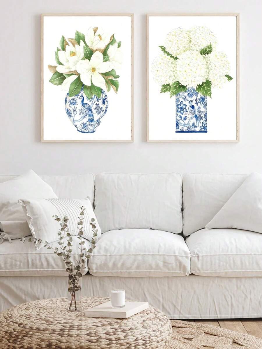 TONGYINLI Niebiesko-białe plakaty, obraz magnolii w Chinach, chiński obraz na płótnie, zdjęcia galerii, dekoracja salonu (70 x 100 cm x 2 / ramka wewnętrzna)