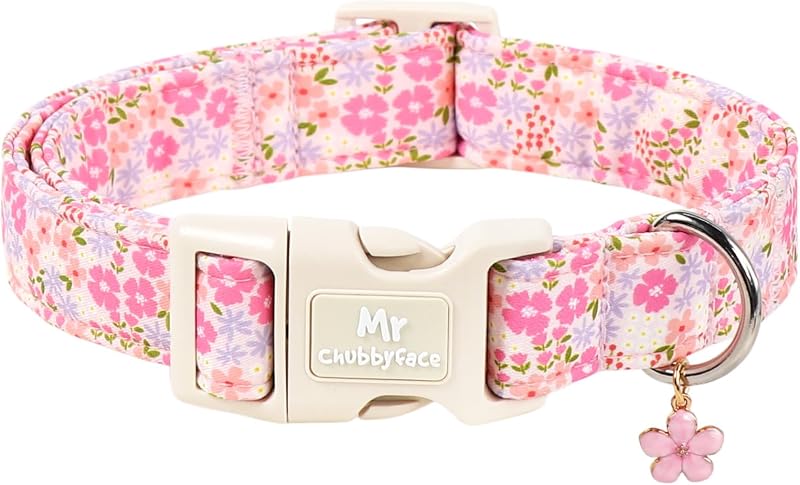 Coleira para Cães com Estampa Floral Rosa em Algodão MR.CHUBBYFACE M