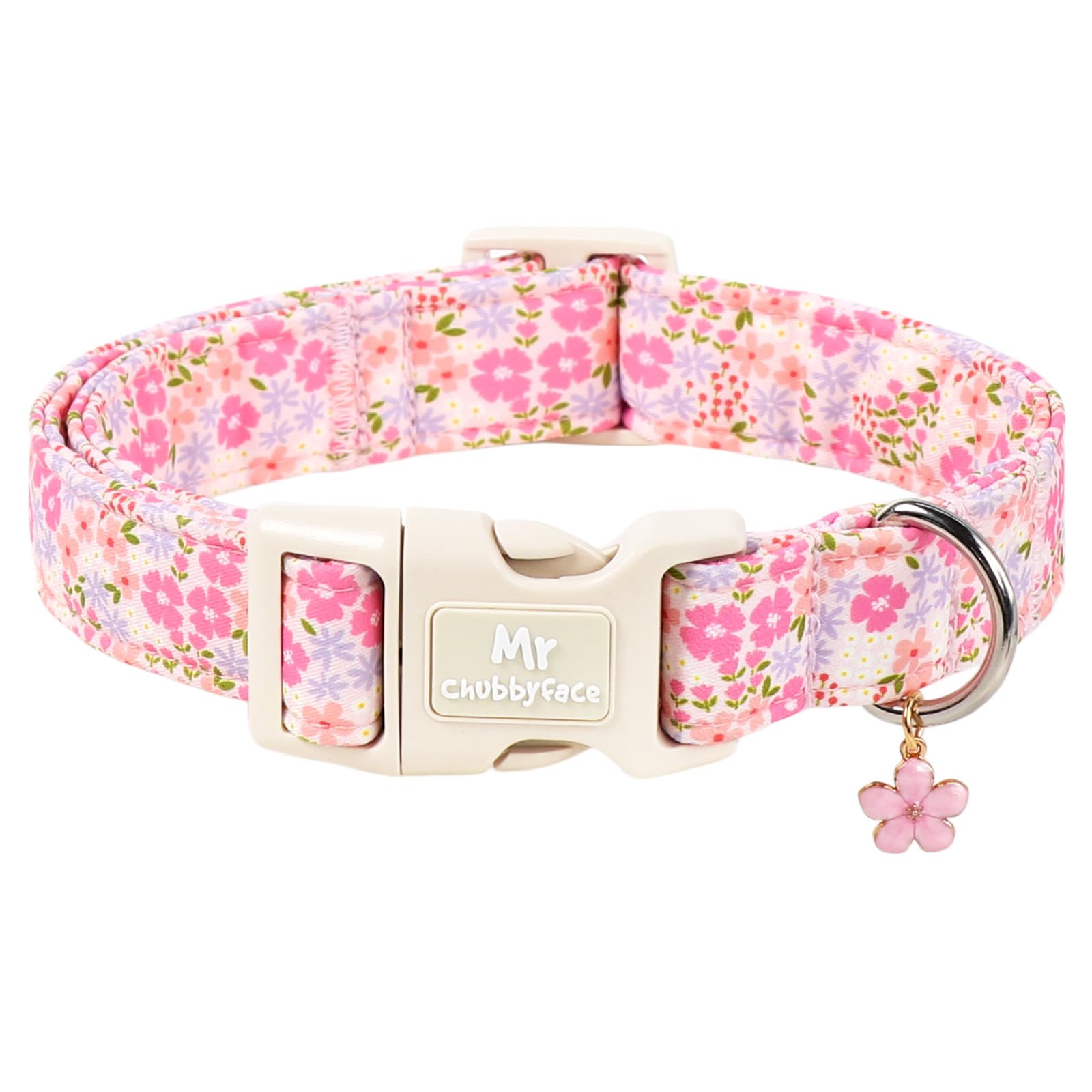 Photo 1 of ·MR.CHUBBYFACE· Spring Summer Pink Dog Collar, Cute Pink Floral Pattern Puppy Collar, Durable Soft Fabric Pet Collar Gift for Small Medium Large Female Dog