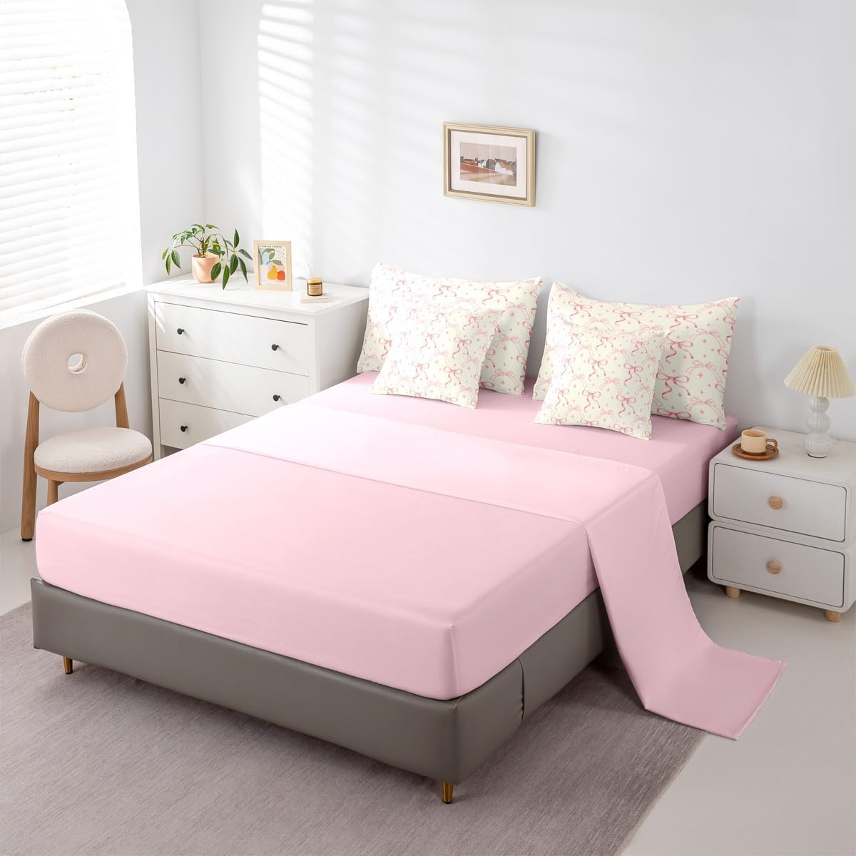 Erosebridal Kawaii Bow 7 Piece Bedding Set Full Pink Bowknot Comforter Set with Sheets Yellow Simple Bows Bed in a Bag Dreamy Preppy Coquette Bed Sets Cute Aesthetic Geometric Comforter
