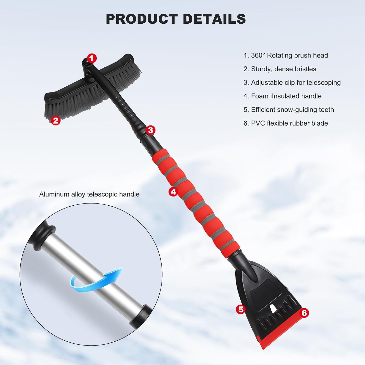 39" Snow Brush & Ice Scraper for Car Windshield, 2-in-1 Detachable Ice Scraper with 360° Pivoting Brush Head, Extendable Snow Removal Tool Winter Accessories for Cars Trucks SUVs (Red) image 5