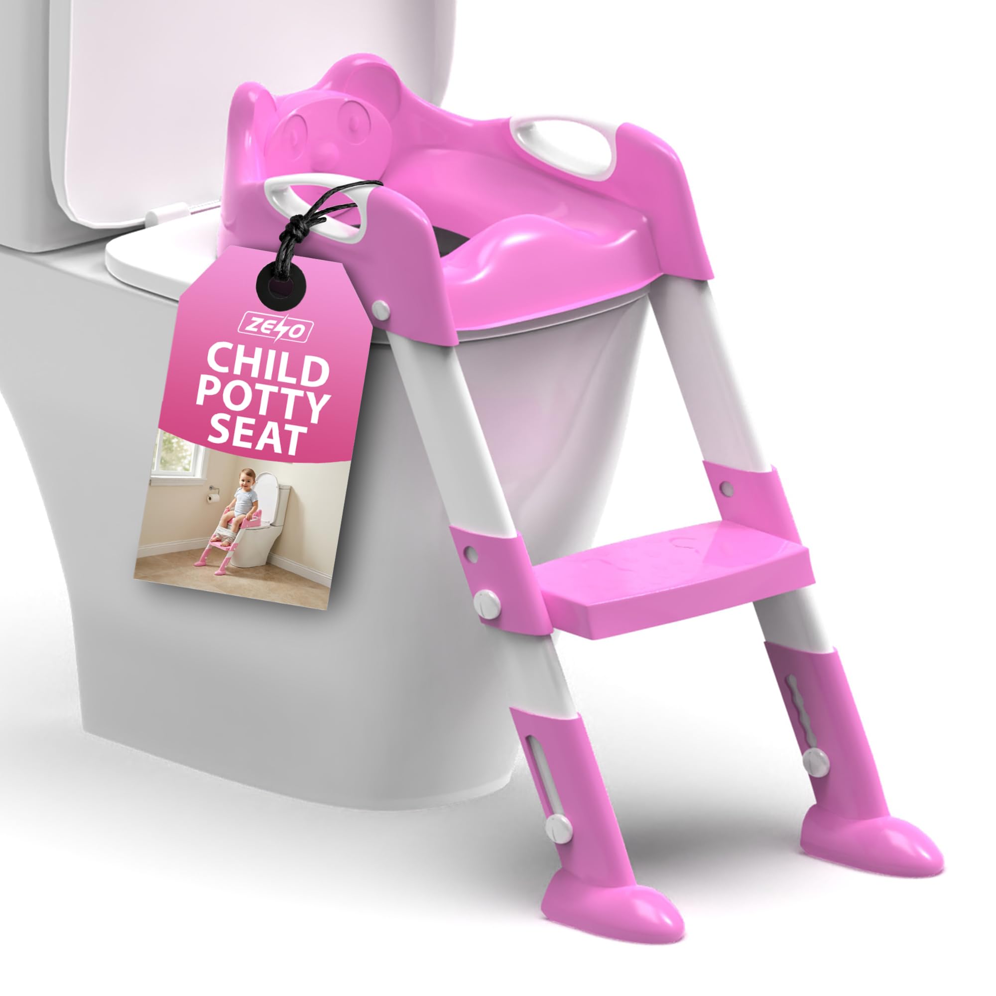 Zeno Pink Potty Training Seat | Toddler Toilet Seat | Toilet Seat Ladder | Toilet Steps For Toddlers | Kids Toilet Step With Cushioned Seat | Foldable Design For Easy Storage | Universal Fit |