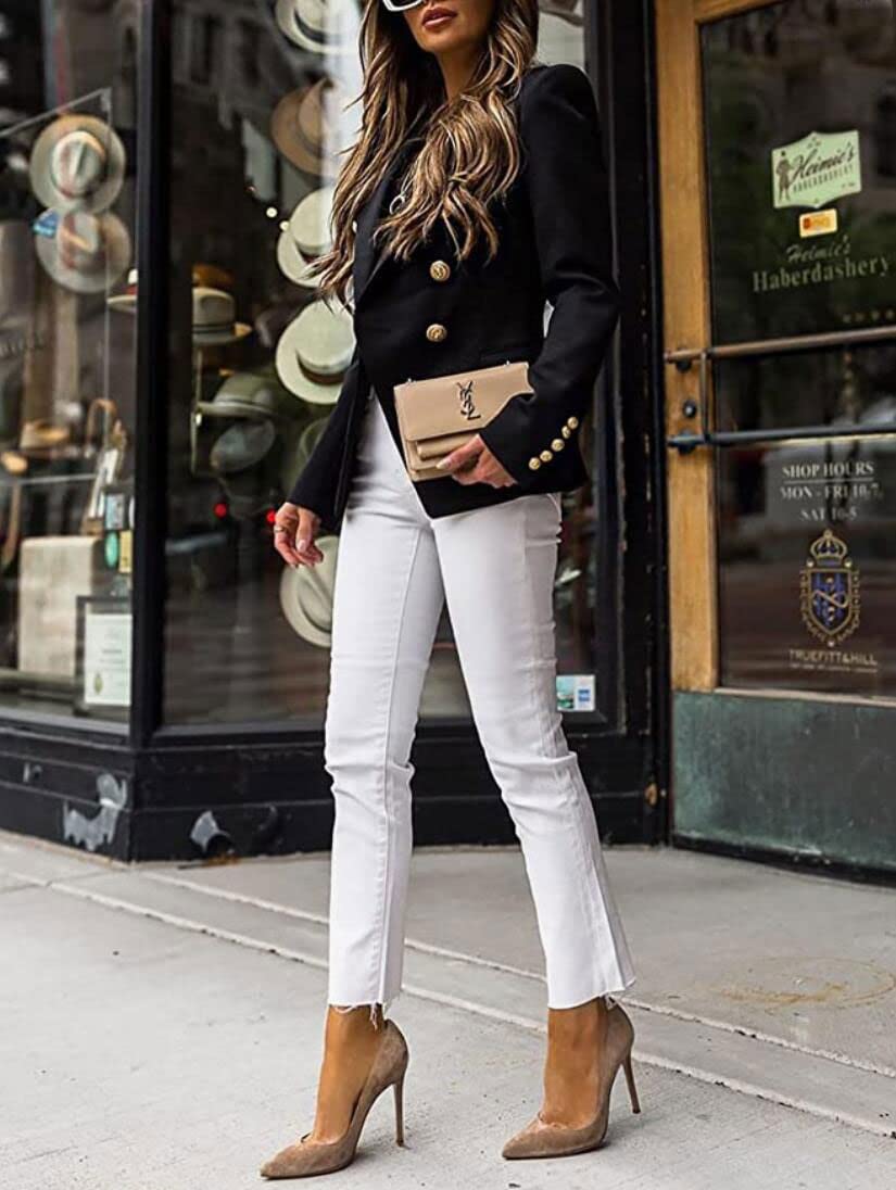 Ensemble pantalon 2 pièces à double boutonnage pour femme - Coupe moderne - Pour le travail, le bureau, le bal, gris argenté, S