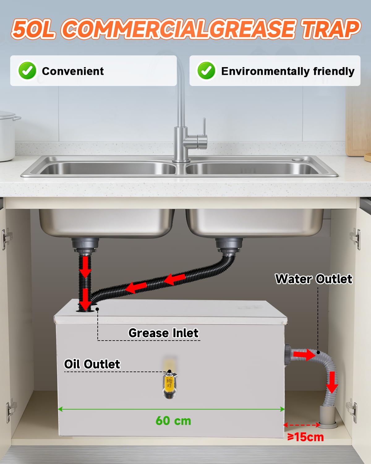 YUCHENGTECH Bac à Graisse Sous Evier Inox 50L 60x29x29cm | Capacité 50L, Acier Inoxydable, Installation Sous évier, Usage Restaurant/Cuisine, Séparation Graisse