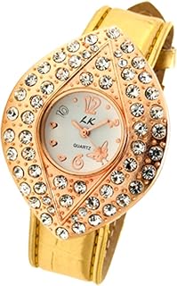 Qtqgoitem Gold-Tone Faux Leather Leaf Shaped Watch w Rhinestone (Model: d30 7f0 4d2 3aa 73d)