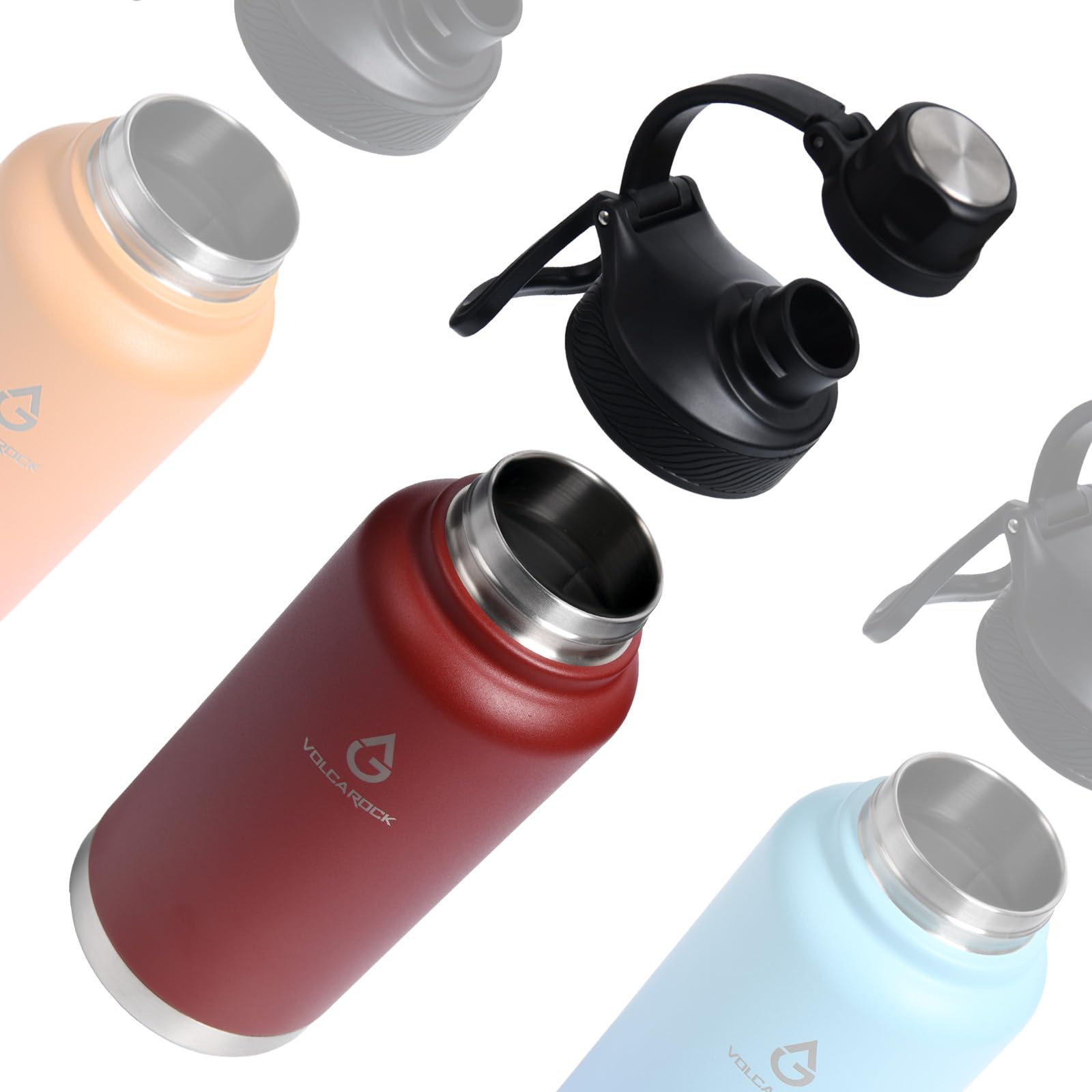 VOLCAROCK Insulated Sports Water Bottle with Straw Lid Dustproof, 3 Lids, 24/32/40/64 oz Dishwasher Safe & BPA Free Double Wall Stainless Steel Water bottle, Leakproof & Sweat Free -32 Oz Brick Red