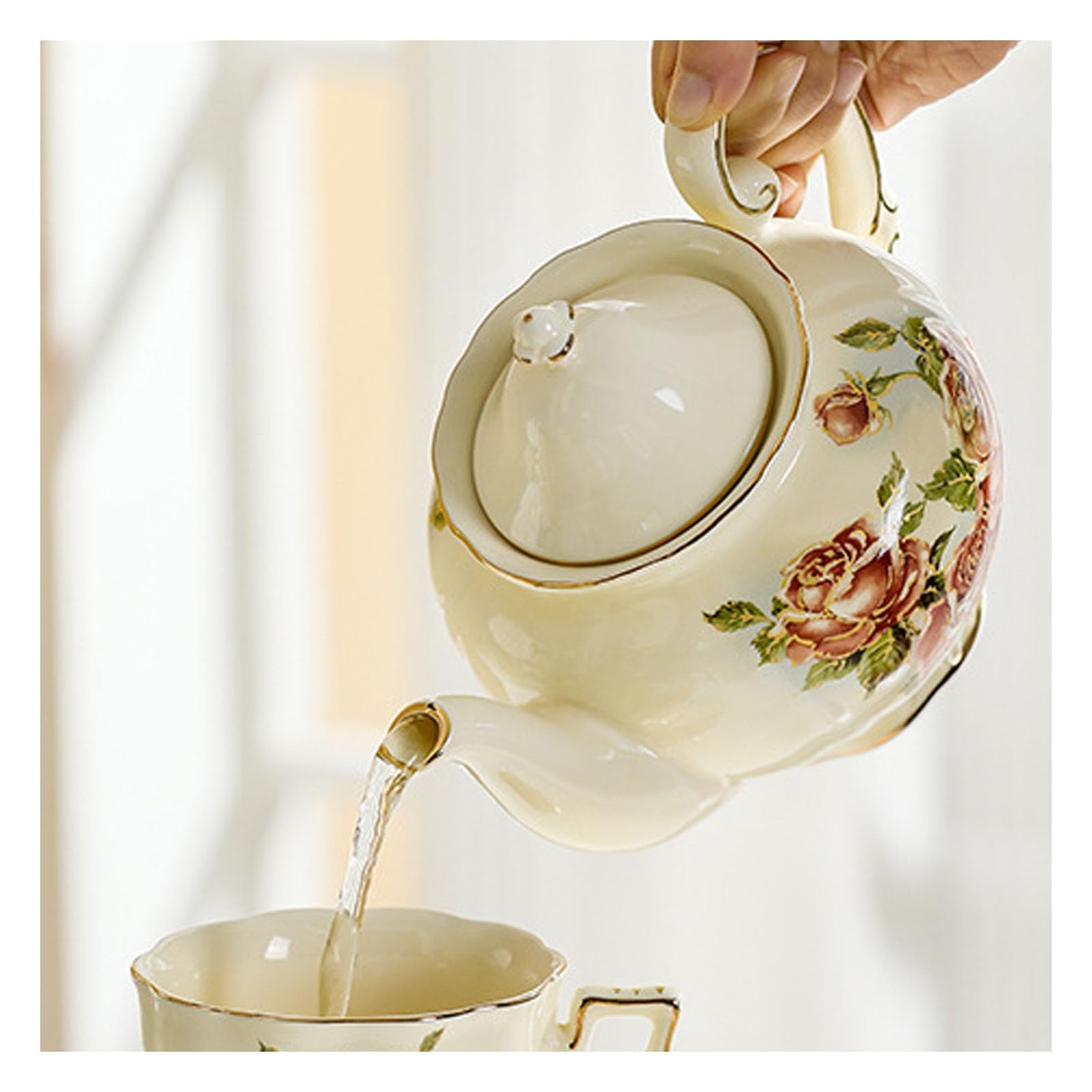 Europejski czajniczek z porcelany kostnej, zabytkowy czajniczek w kwiaty, zabytkowy ceramiczny dzbanek do kawy ze złotą ścianką, czajnik odporny na ciepło na popołudniową herbatę w kawiarni