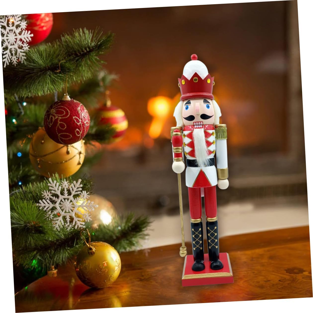 Wooden Xmas Nutcracker Figurine 39.5cm Red White Gold King Soldier Decor Christmas Desktop Nutcracker Craft Holiday Ornament for Home Seasonal Display