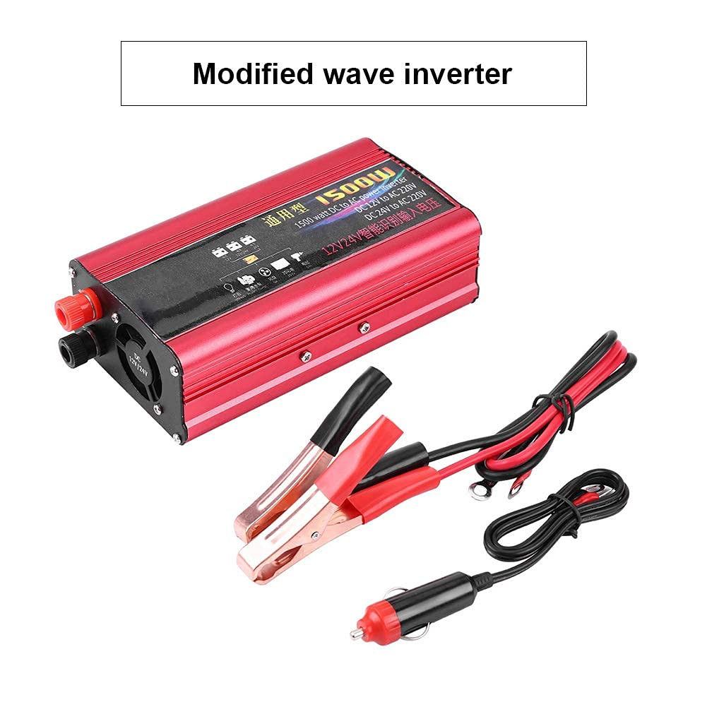Invertidor de Potencia de Coche de 1500W, Cargador USB, Adaptador de Onda Modificada, 12V/24V a AC
