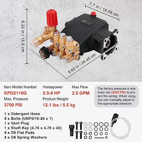 Vevor Horizontal Triplex Pressure Washer Pump, 3/4" Shaft, 3700 Psi, 2.5 Gpm, Replacement Power Washer Pumps Kit, Parts Washer Pump, Compatible With Simpson Morflex Models 40224, 40225, 40226 Etc. #TOP6