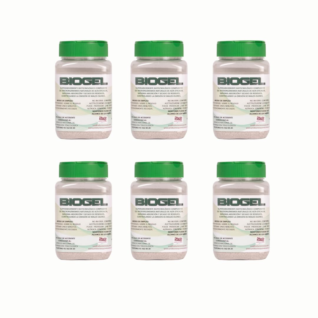 Absorbente de liquidos sustitutivo serrin para recogida de vómitos solidificador de fluidos como orina sangre absorbe y neutraliza los olores BIOGEL PACK EMPRESA 6X350g
