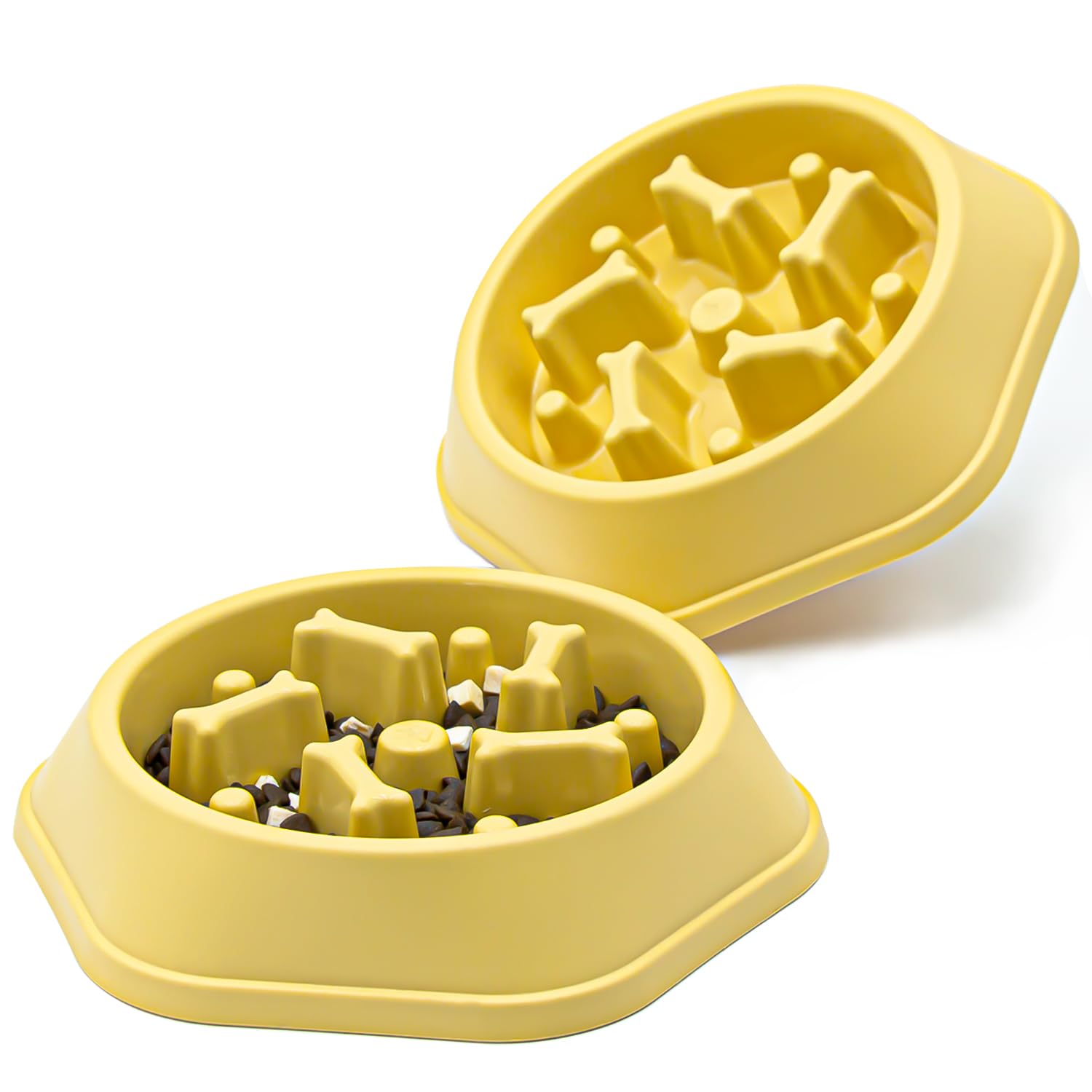 Junhonsion 2pcs Dog Bowl Dog Slow Feeder Bowls Bloat Stop Food Bowl Interactive Puzzle Healthy Eating Bowl, Yellow 2 Pack