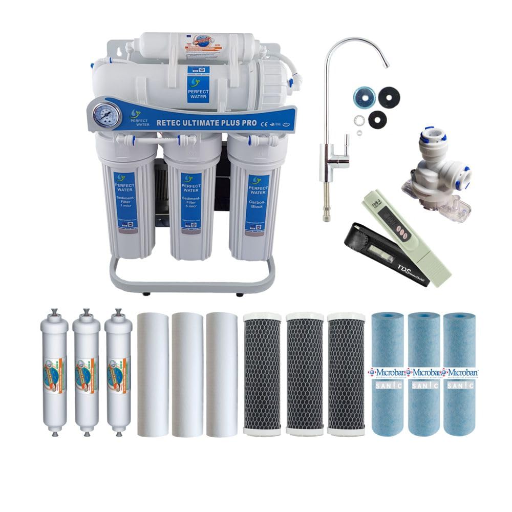 RETEC Ultimate PLUS PRO Umkehrosmoseanlage 800 GPD – Komplettset inkl. Edelstahl Wasserhahn, Filterset, TDS Messgerät & Leckageschutz – Direct Flow ohne Tank, 24V System