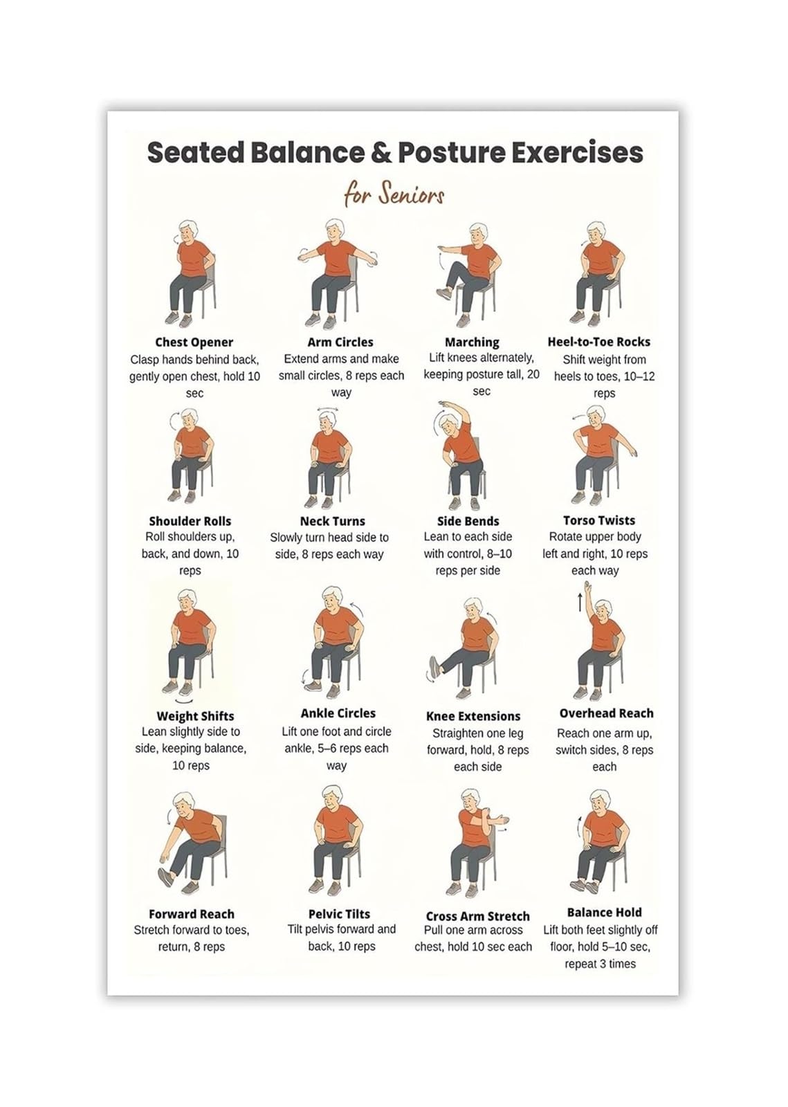 Easy Seated Exercises for Senior Balance - Posture Correction & Stability Workout Chart, Illustrated Home Fitness Guide​(Framed,16x24inch(40x60cm))