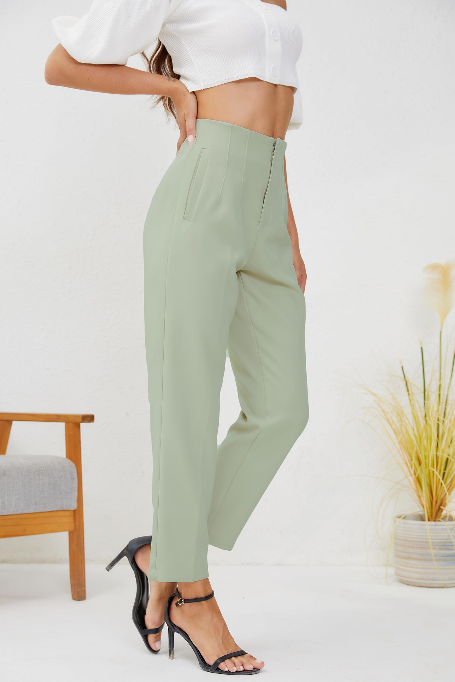 Pantalones de negocios de cintura alta para mujer, pierna recta, plisados, pantalones de oficina