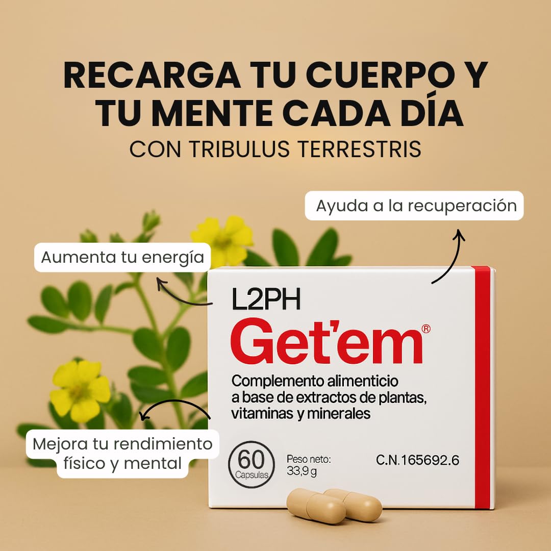 GET'EM – Complemento Alimenticio para los efectos de la Menopausia y Andropenia y Equilibrar el Bienestar Físico y Emocional. (60 Cápsulas). Tribulus terrestris, Rhodiola rosea, Vitaminas, Minerales