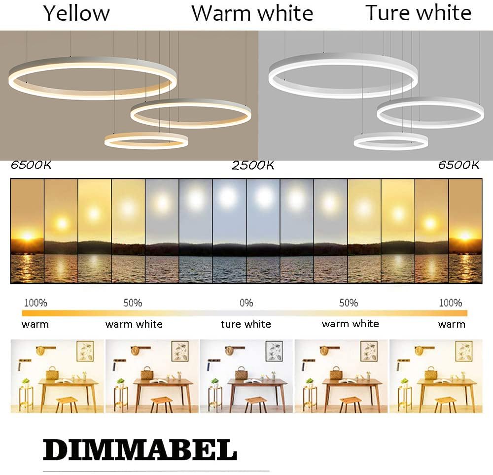 STARRYOL Lampada a sospensione moderna a LED, lampadario a sospensione a luce regolabile a 3 anelli Lampadario moderno a soffitto, dimmerabile 2700K - 6500K, con telecomando 78w