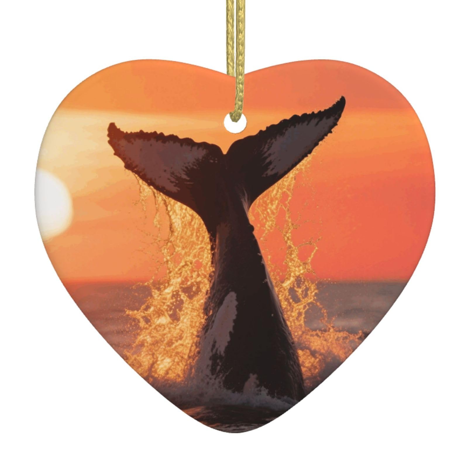 Sunset Humpback Whale Christmas Ornament 2025 Heart Ceramic Hanging Ornaments for Home Decor Christmas Decorations with Gold Rope Double-Sided Xmas Tree Ceramic Hanging for Holiday Party