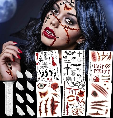 Dentes de vampiro, 4 tamanhos + 6 folhas, tatuagens temporárias, dentes de vampiro grandes, Halloween, vampiro, cosplay, dentes de vampiro tatuagens falsas, conjunto de tatuagens falsas para festas de