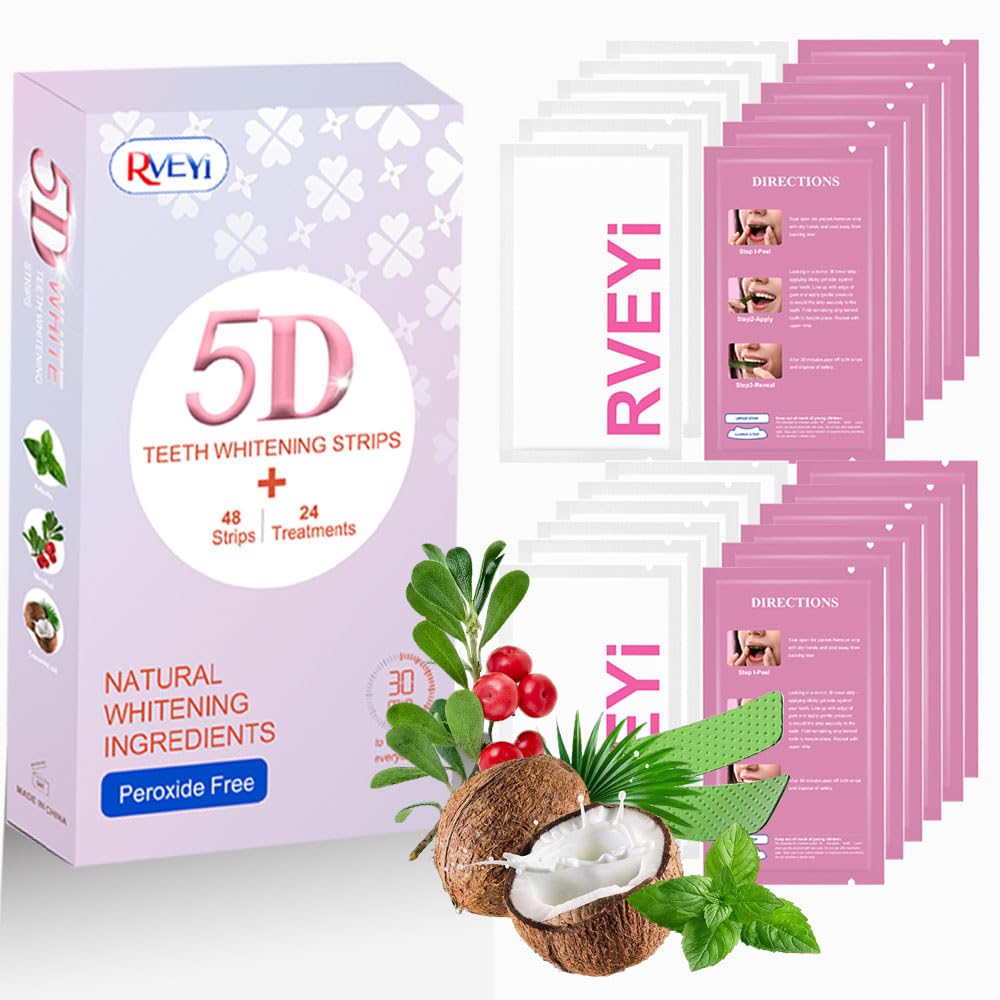 RVEYi Teeth Whitening Strips 24 Treatments Kit for Tooth White, Peroxide Free, Enamel Safe Green White Strips, Deep Stains Removal - Instant Professional Teeth Whitening (48 Strips)