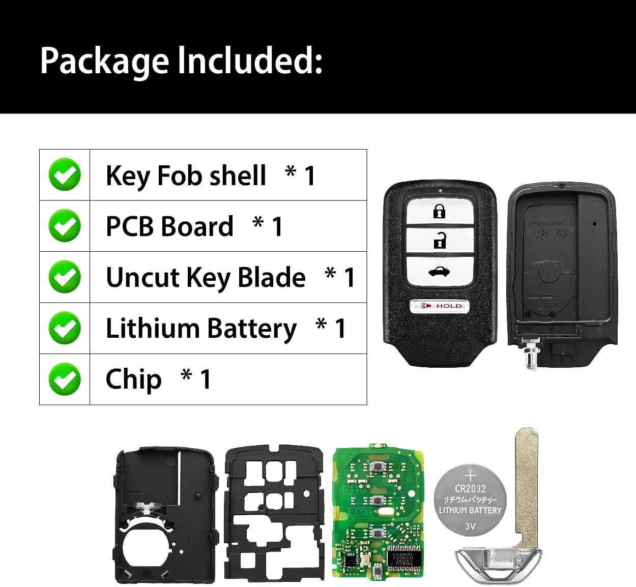 Replacement for 2017 2018 2019 2020 Honda Civic EX SI Key Fob Remote Control KR5V2X 4 Buttons 433MHz