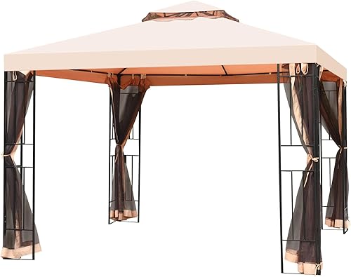 Tangkula Cenador de acero para patio de 10 x 10 pies, gran toldo para exteriores con red, cremalleras y techo ventilado de 2 niveles, cenador de