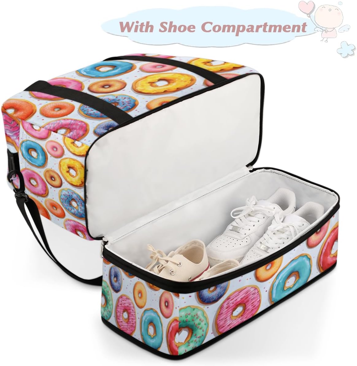QsirBC Foods Donut Gym Bag for Women Duffle Tote with Shoes Compartment Men Weekender Duffel for Dance Travel Sports Swimming Overnight