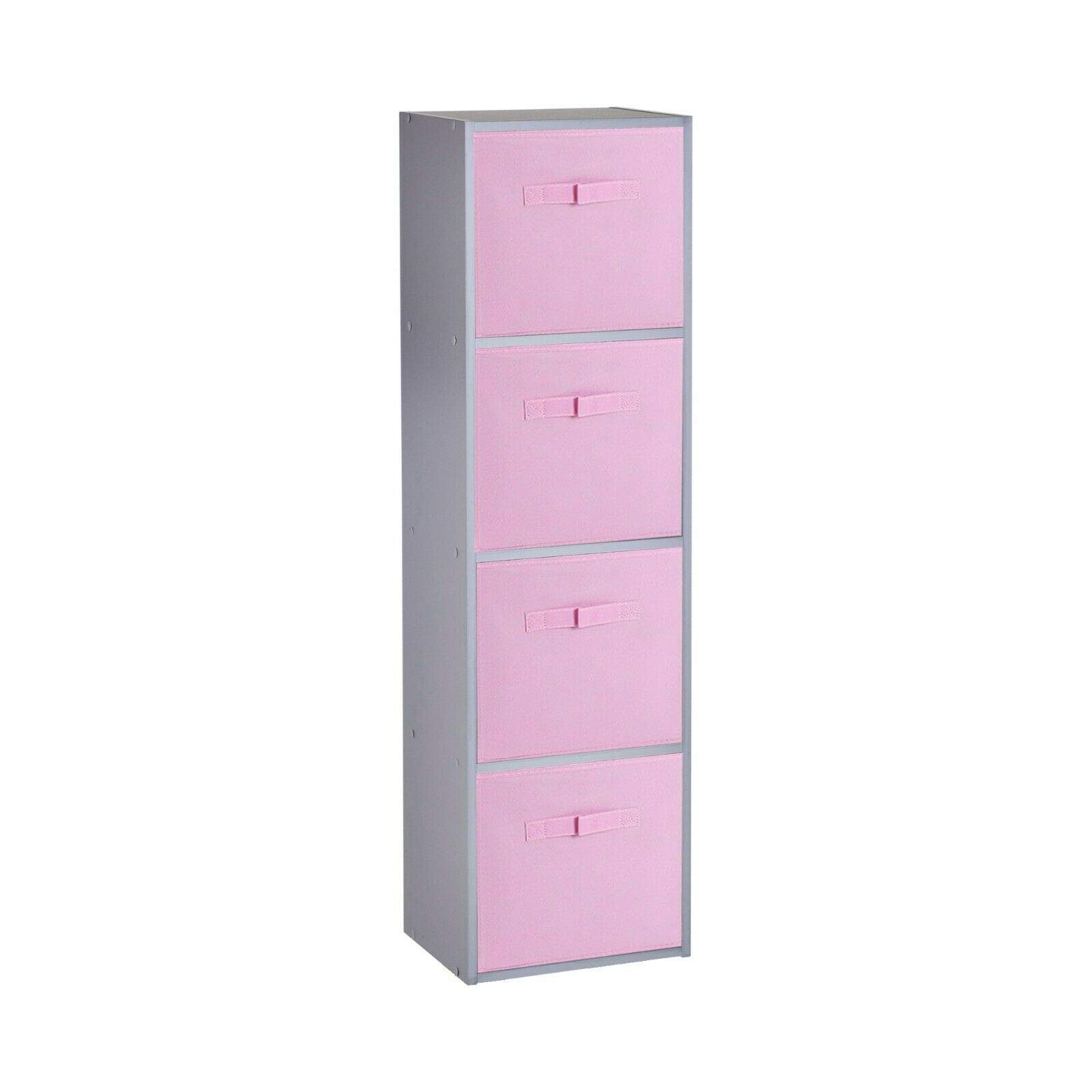 URBNLIVING Wooden Bookcase Grey 4 Tier + 4 Light Pink Drawer