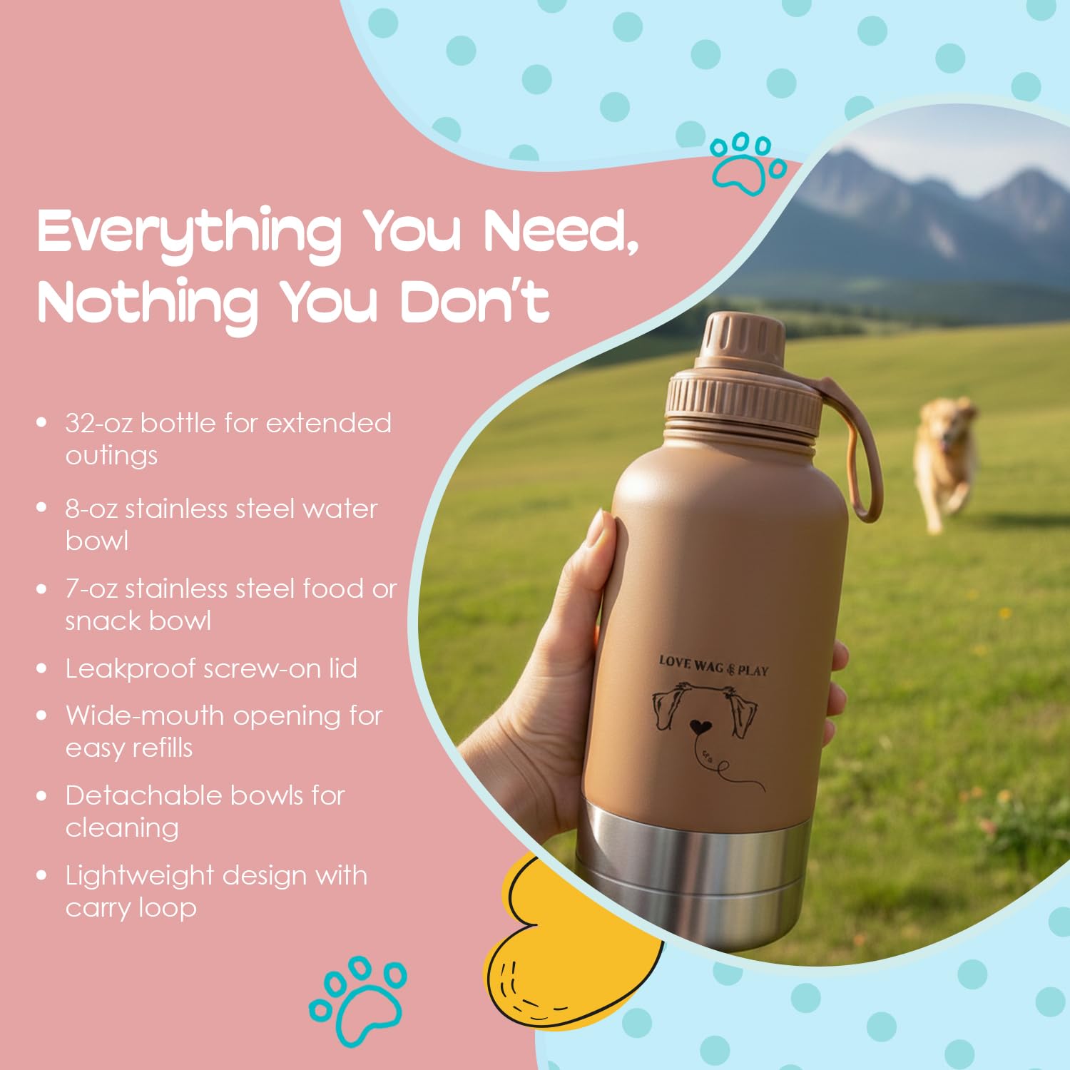 LOVE WAG & PLAY Botella de agua para perros de 32 onzas, botella de viaje portátil 2 en 1 con cuencos integrados, a prueba de fugas, sin BPA, para senderismo, paseos, uso al aire libre (marrón