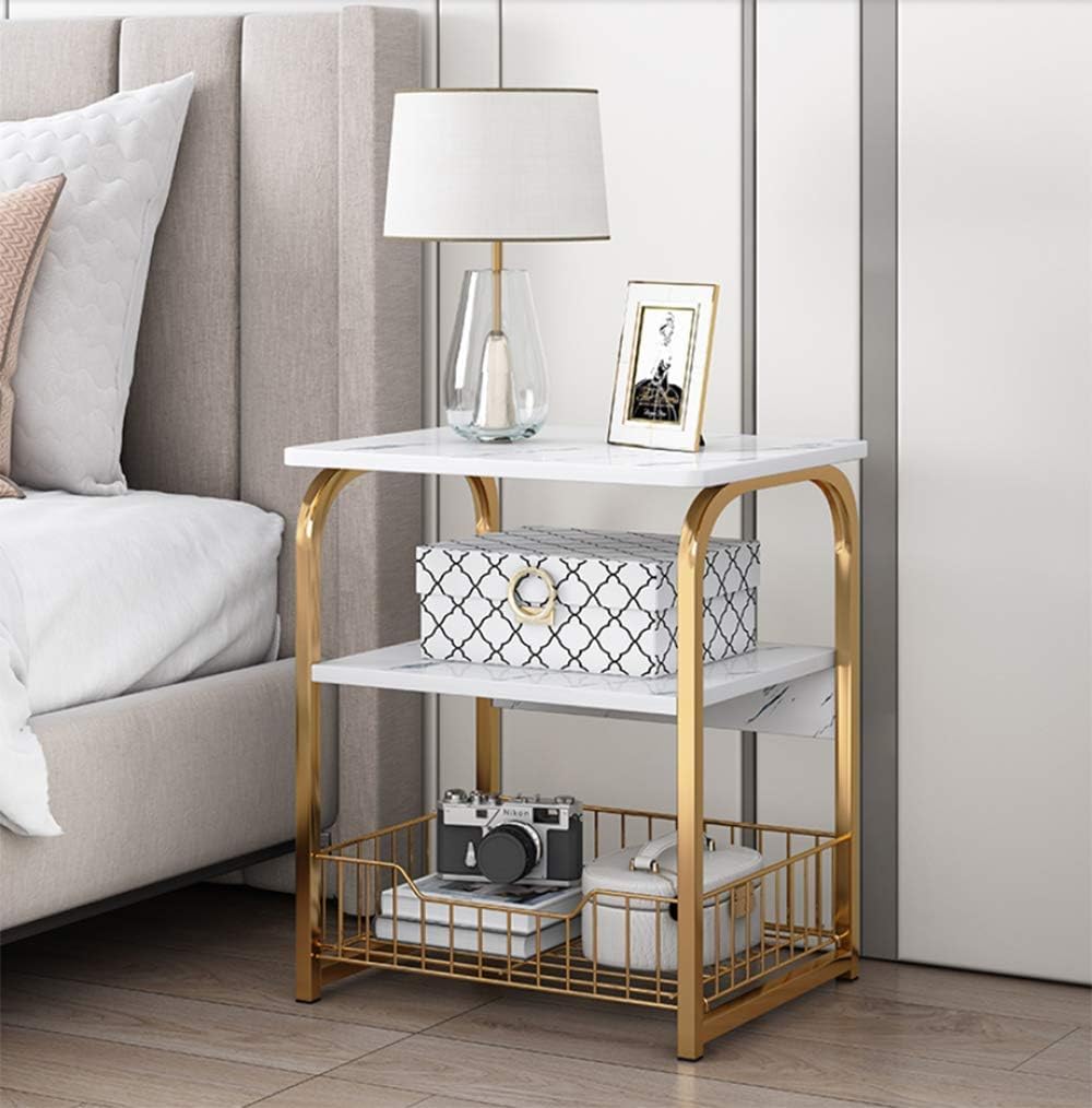 Modern End Table Nightstand - Small Side Table with 3-Tiers Storage Shelf, Narrow Bedside Table with Steel Frame, for Living Room and Bedroom, White and Gold-image-35