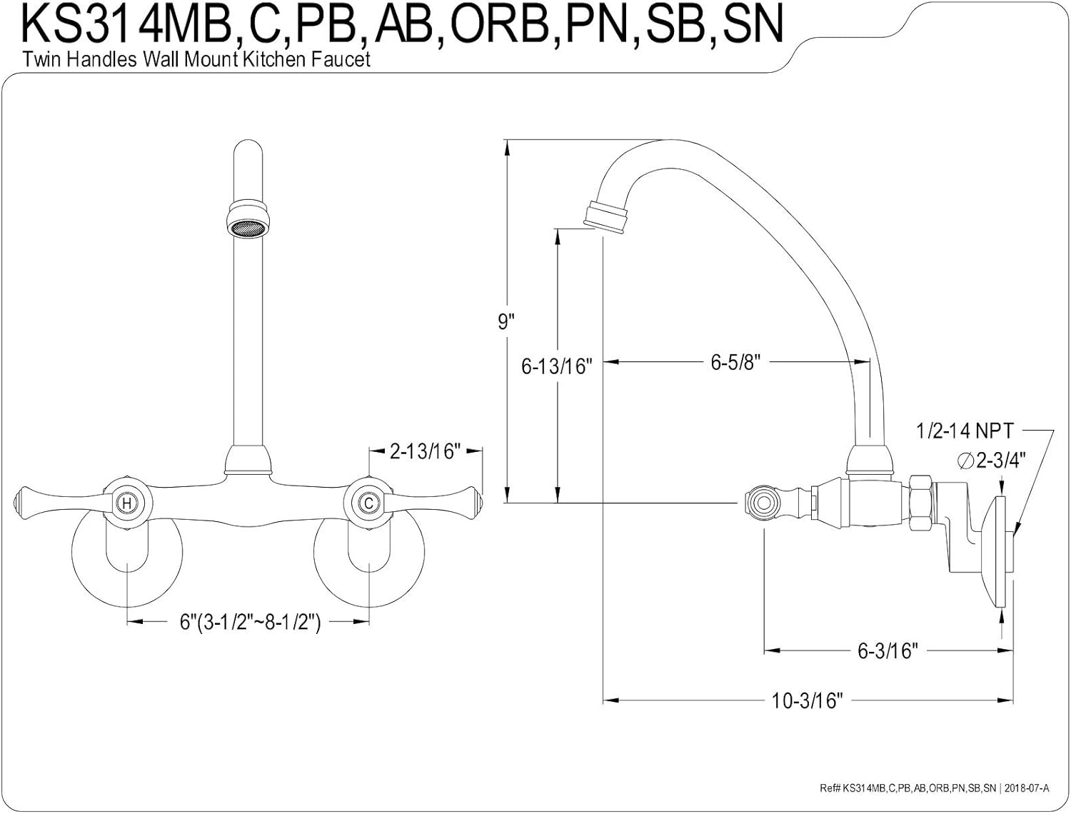Kingston Brass KS314C Kingston Two Handle Wall Mount Kitchen Faucet, Polished Chrome