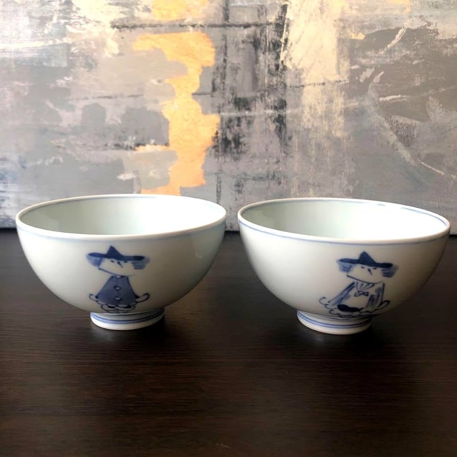 Amazon | しん窯 青花 夫婦茶碗(飯椀) 三人異人 有田焼 管理.KTH