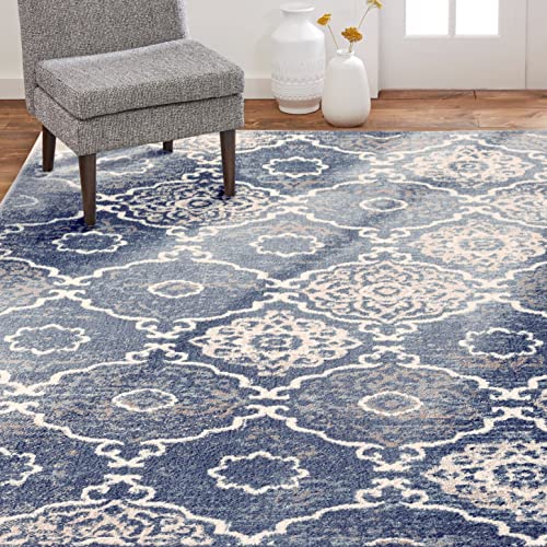 Home Dynamix Boho Andorra Transitional Damask Area Rug, Navy Blue/Ivory