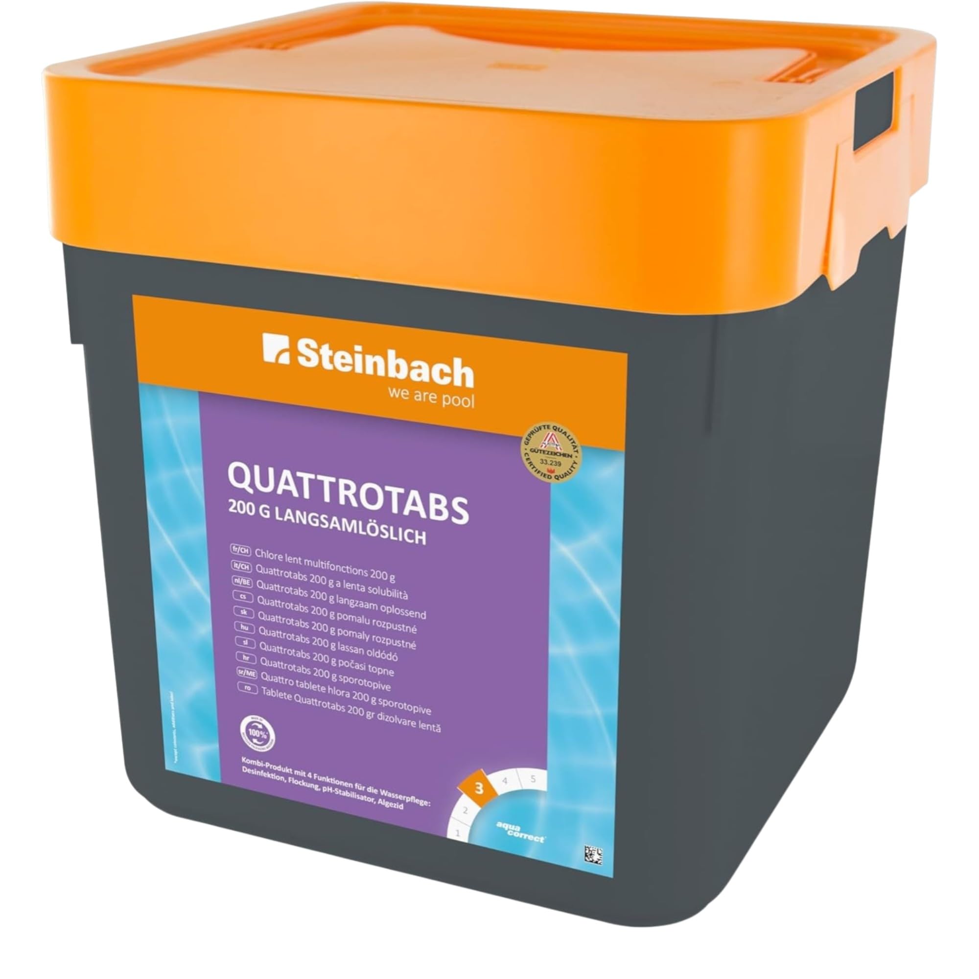 Steinbach Poolpflege Quattrotabs 200 g langsamlöslich - 0752605TD00-5 kg - 4-in-1 Chlortabletten mit Flockungsmittel - pH-Stabilisator & Algenverhütung - Multifunktionstabletten