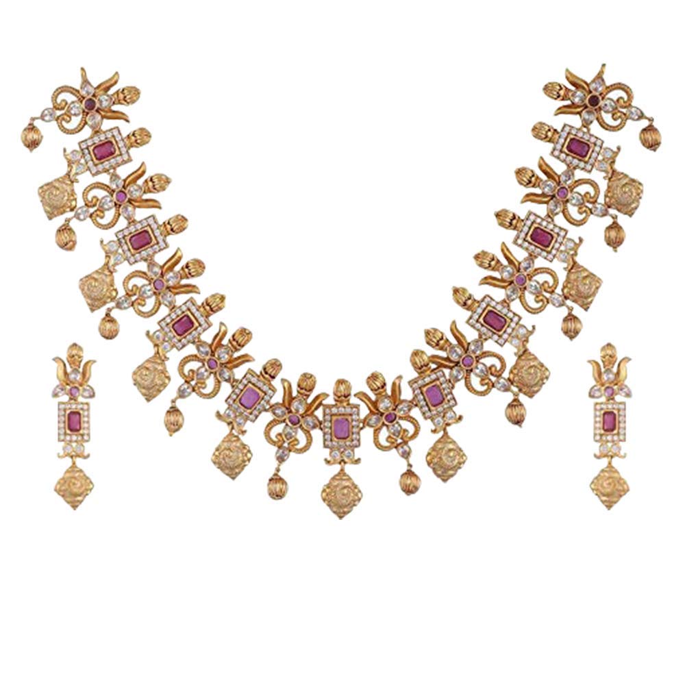 Tarinika Ahaana Gold-Plated Indian Jewelry Set with Necklace and Earrings - White Red
