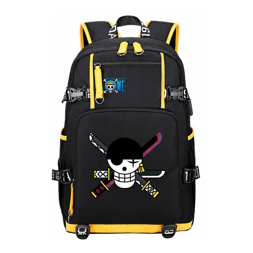 ZJYJING Anime Luffy Character Black And Yellow Casual Backpack With USB Interface Laptop Fashion Large Capacity Backpack (B6-1)