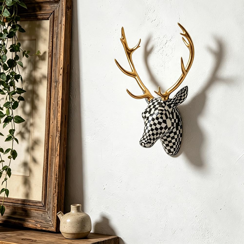 WADORN Décoration murale en forme de tête de cerf à carreaux 3D avec bois