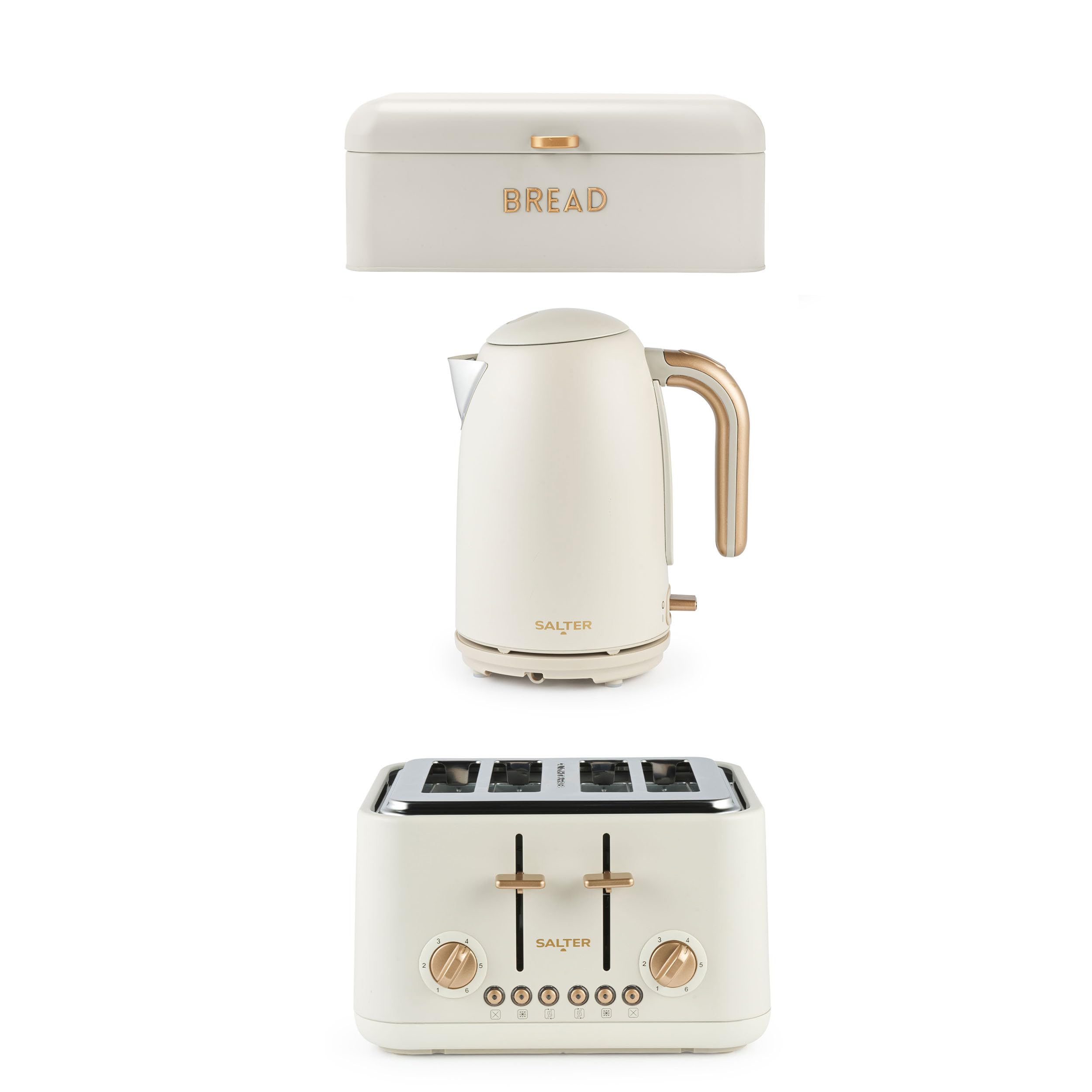 Salter Pebble Kettle, Toaster & Bread Bin Set - 1.7L Fast Boil Electric Water Kettle, 4-Slice Toaster with 6 Browning Levels, Powder Coated Carbon Steel Bread Bin, Easy to Clean, Stone