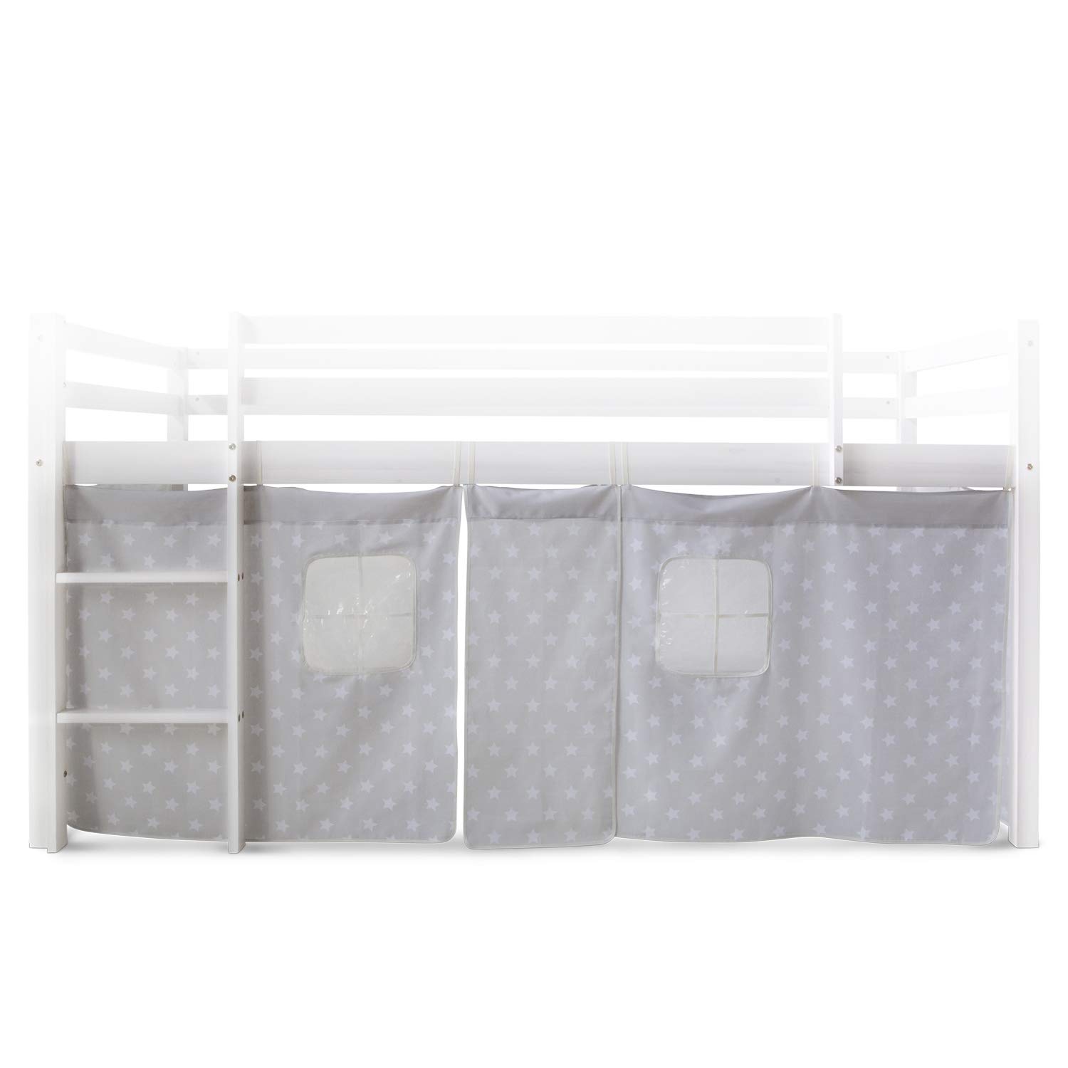 Homestyle4u Vorhang für Hochbett Sterne grau & weiß, Bettumrandung, Vorhang mit Fenstern Stoff 100% Baumwolle, Artikel 1877