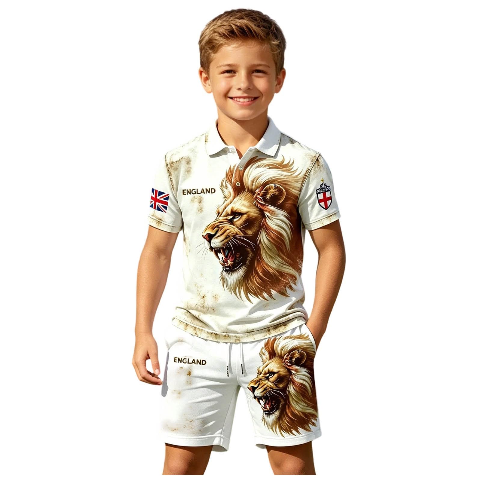 Kids England Football Shirt 2026 Boys Short Sleeve Collared Breathable Lightweight Polo Shirts Football Kit England Flag Print Athletic Shorts and T-Shirt Set Training Jersey (Beige-b, 7-8 Years)