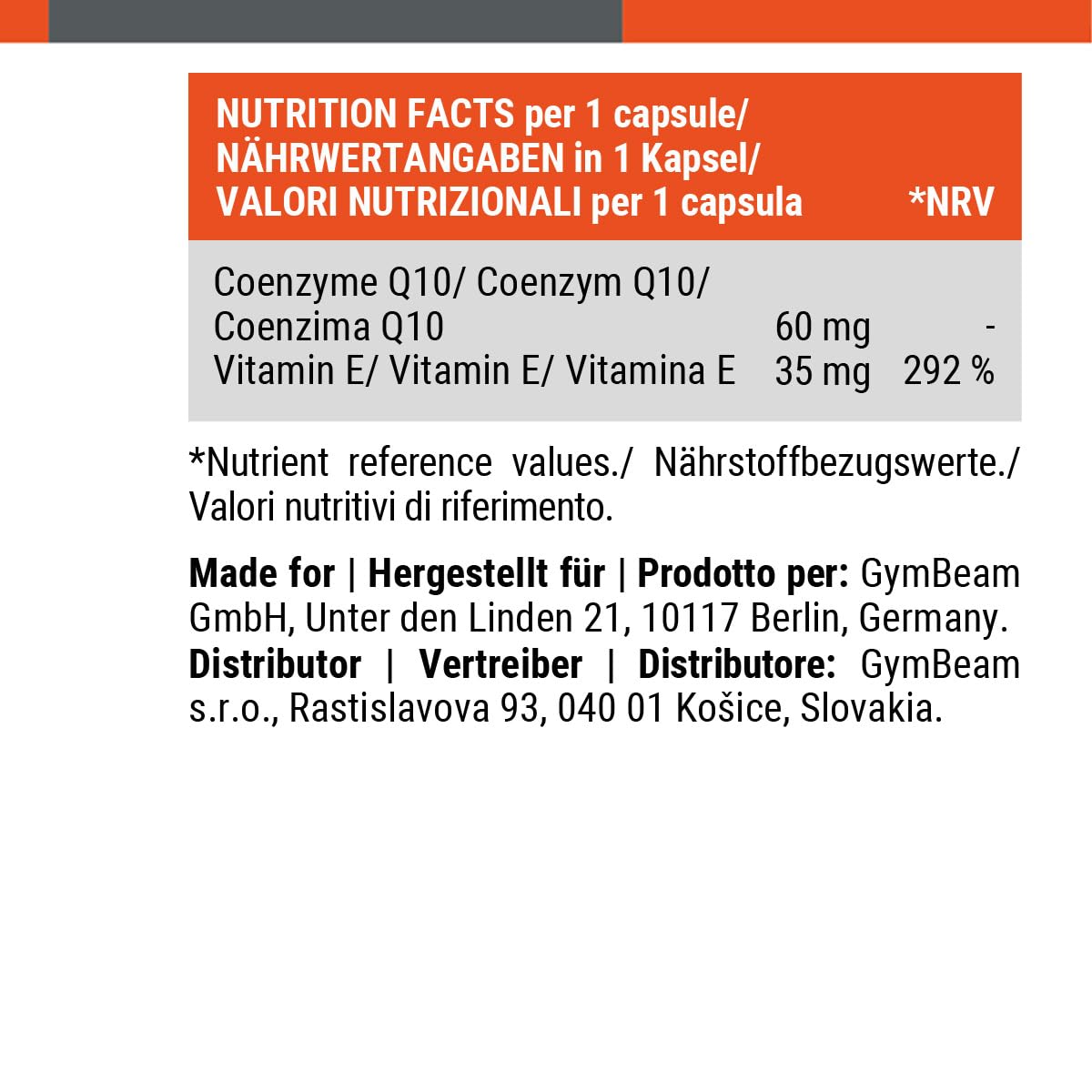 GymBeam Coenzima Q10, Integratore per l'Energia, Coenzima Q10 Ricco di Vitamina E, per Combattere lo Stress Ossidativo, Migliorare la Salute della Pelle e Performance Sportiva, in Compresse (60 cps)