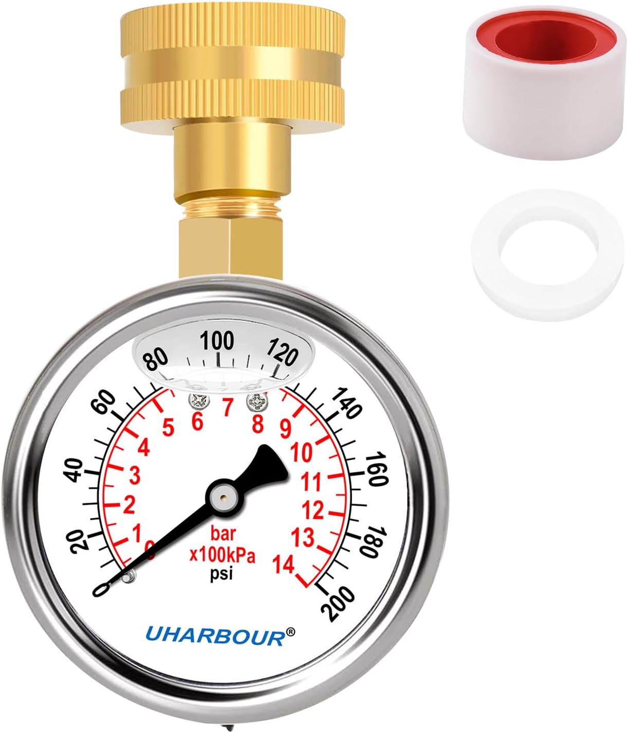 UharbourGlycerin Filled Water Pressure Gauge 200psi/14bar, 2" Dial,Stainless Steel Case, Brass Inside Construction, Female 3/4" GHT Rear Connection for Garden Hose Thread